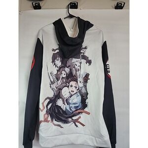 Demon Slayer Anime Polyester Black White Graphic Pullover Hoodie Size Large